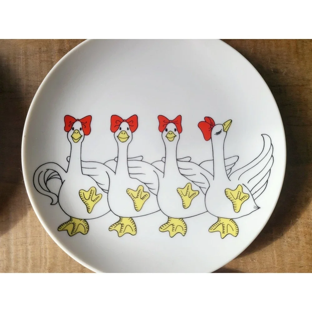 Fitz And Floyd Dancing Ducks Red Bows Bird Plates Lot Set Of 4 Made‎ in USA